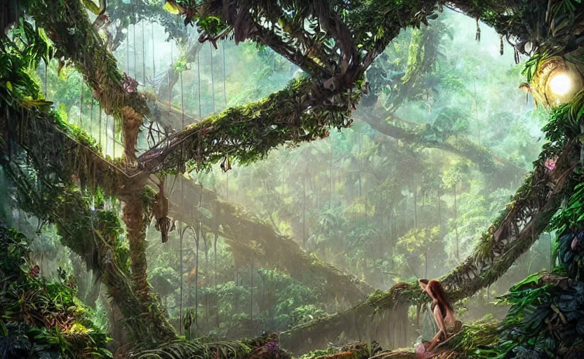 Prompt: a lush jungle, wooden structures in the trees connected by rope bridges, filtered light from the canopy, fantasy digital painting, stunning, intricate details, artwork by ross tran and artgerm
