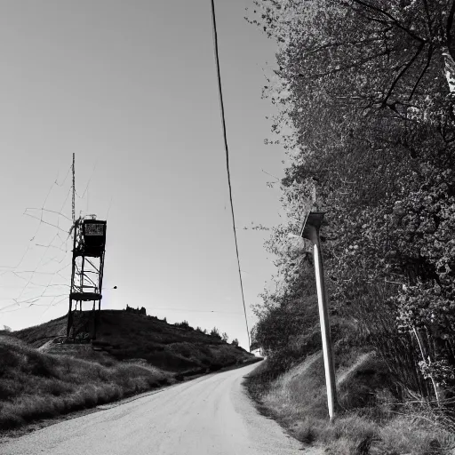 Prompt: a road next to warehouses, and a hill behind it with a radio tower on top, 9 0's camera filter, red tint