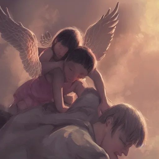 Image similar to angels protecting a praying man, by JeeHyung lee, Trending on artstation, deviantart