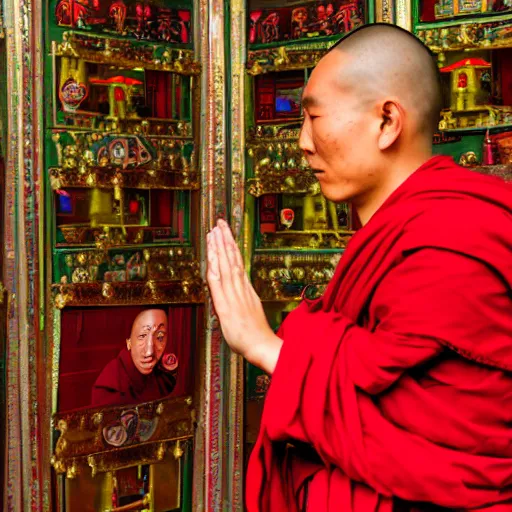 Image similar to portrait of a tibetan monk with facial cybernetic enhancements praying to a futuristic screen altar inside a tibetan temple, photography