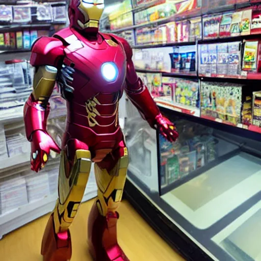 Image similar to Iron Man working as a 7/11 cashier using a laser scanner, cash register, laser scanner, macro, wide wide shot, very detailed, beautiful lighting