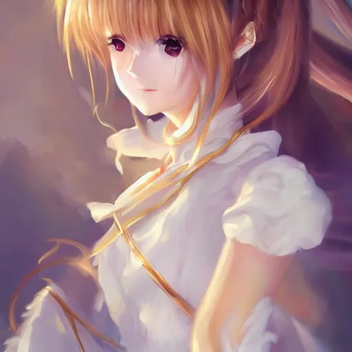 Prompt: portrait of an anime princess in white and golden clothes , digital painting , artstation , gorgeous , cute , beautiful , elegant , devian art , 4k , HD