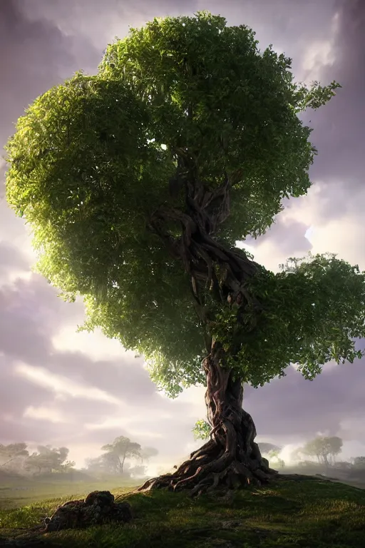 Image similar to The tree of the knowledge of good and evil, photorealistic, fantasy, unreal engine, colorful, cinematic