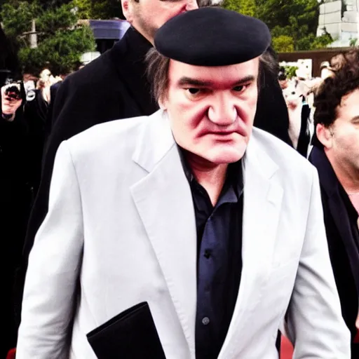 Prompt: quentin tarantino at a funeral, wearing a yarmulke, paparazzi