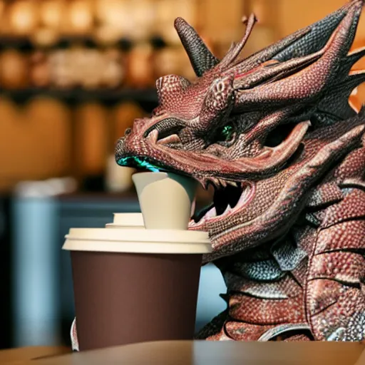 Image similar to a dragon getting coffee at starbucks. realistic high resolution color photo 2 0 2 2