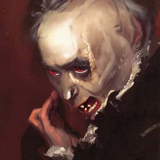 Image similar to oil painting portrait of (vampire) by hyacinthe rigaud, (Greg rutkowski)