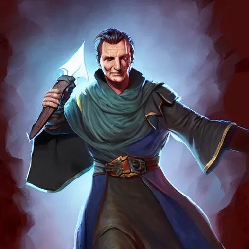 Prompt: Liam Neeson as Burl Gage, Antimage, wielding a dagger, iconic Character illustration by Wayne Reynolds for Paizo Pathfinder RPG