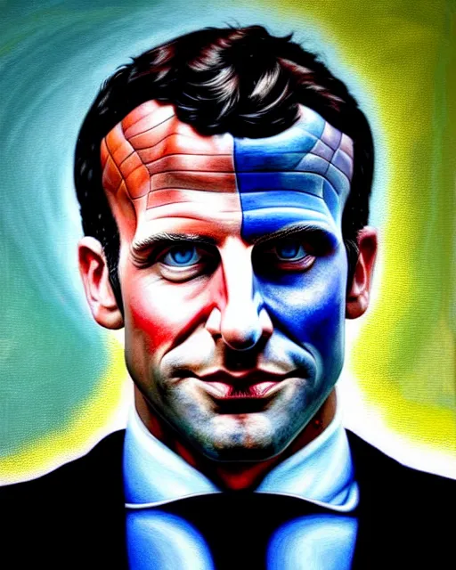 Image similar to hyperrealistic mixed media painting of Emmanuel Macron looks like Superman, marvel, heroic pose, stunning 3d render inspired art by P. Craig Russell and Barry Windsor-Smith + perfect facial symmetry + dim volumetric lighting, 8k octane beautifully detailed render, post-processing, extremely hyperdetailed, intricate, epic composition, grim yet sparkling atmosphere, cinematic lighting + masterpiece, trending on artstation, very very detailed, masterpiece, stunning