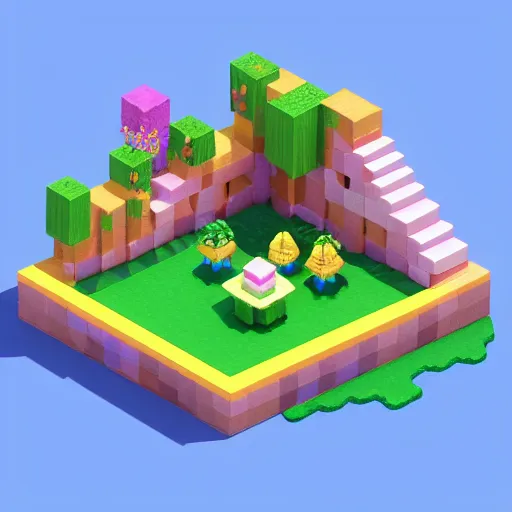 Image similar to 3D isometric cubic cute fairy garden, isometric voxel, 3D