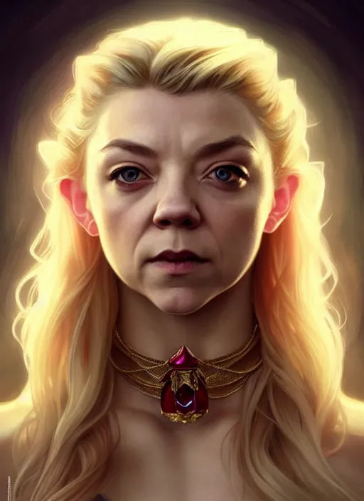 Image similar to portrait of natalie dormer with blonde hair as a vampire lord, jewelry, greek, ruby, intricate, headshot, highly detailed, digital painting, artstation, concept art, sharp focus, cinematic lighting, illustration, art by artgerm and greg rutkowski, alphonse mucha, cgsociety