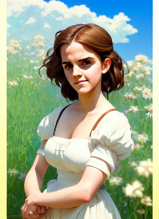 Image similar to cute buxom emma watson milkmaid, natural lighting, path traced, highly detailed, high quality, digital painting, by don bluth and ross tran and studio ghibli and alphonse mucha, artgerm