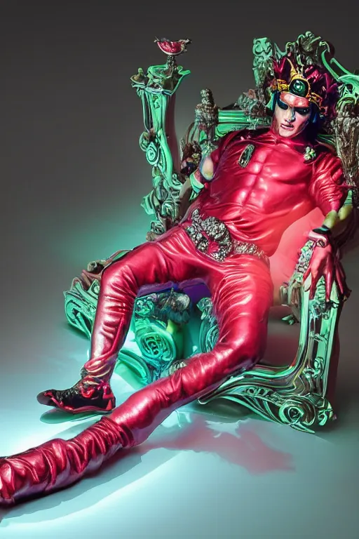 Prompt: full-body rococo and cyberpunk style neon statue of a muscular attractive Cuban papi sim roupa macho dotado e rico android sim roupa reclining con las piernas abiertas e la piroca dura e afuera, glowing red laser eyes, prince crown of red gears, diamonds, swirling black-colored silk fabric. futuristic elements. full-length view. aggressive space robots. giant balloon animals. human skulls. intricate artwork by caravaggio. Trending on artstation, octane render, cinematic lighting from the right, hyper realism, octane render, 8k, depth of field, 3D