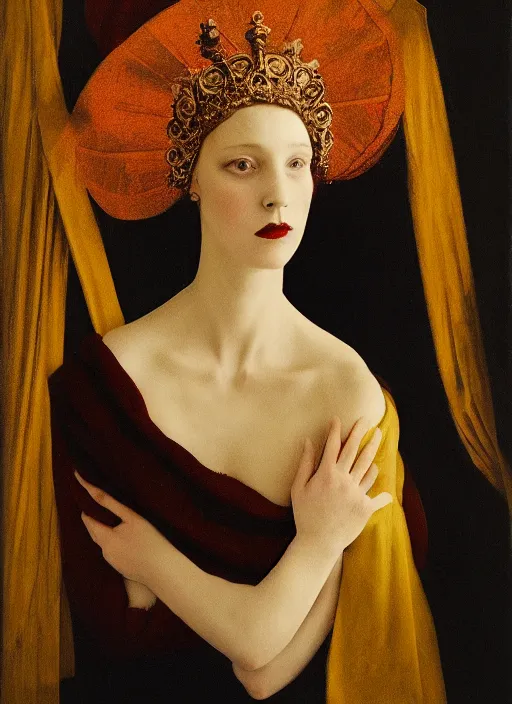 Image similar to portrait of young woman in renaissance dress and renaissance headdress, art by sarah moon