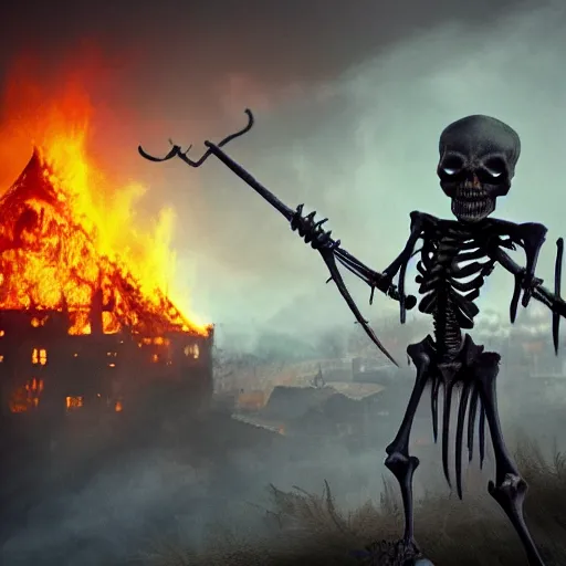 Prompt: a highly detailed cloaked skeleton demon holding a spear watching a house on fire, firestorm, wide perspective, low perspective, burning village, highly detailed digital art, cinematic, hyper realism, oil on canvas, trending on Artstation, octane render