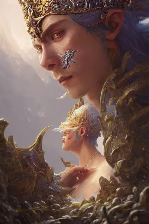 Image similar to fairy king, highly detailed, d & d, fantasy, highly detailed, digital painting, trending on artstation, concept art, sharp focus, illustration, global illumination, ray tracing, realistic shaded, art by artgerm and greg rutkowski and fuji choko and viktoria gavrilenko and hoang lap,