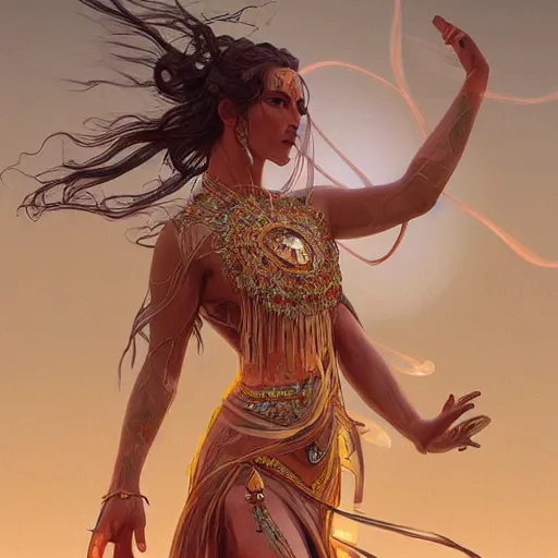 Image similar to a goddess dancing in the desert, glowing eyes, fantasy, intricate, realism, highly detailed, digital painting, artstation, concept art, smooth and sharp focus, illustration, art by tan zi and ayanamikodon and alphonse mucha and wlop