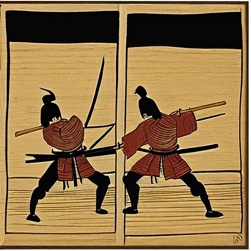 Prompt: two samurai battle each other, wood block painting style, outline style, hand drawn style, circa 1 5 0 0 s, history, scretch, dust, grain, noise, on wood