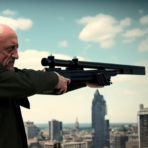 Prompt: film still of mike ehrmantraut aiming with a sniper rifle on a rooftop, 4 k, highly detailed