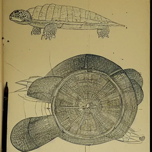 Image similar to a turtle airship, mechanical diagram, drawing from the notebooks of da vinci