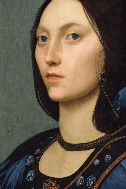 Prompt: hyperrealism extreme close-up portrait of medieval female knight with black roses in the long hair, wearing dark blue silk, in style of classicism