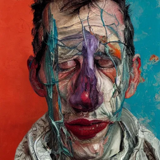 Image similar to high quality high detail painting of a depressed man by lucian freud and jenny saville and francis bacon and nicola samori, hd, anxiety, turquoise and orange and purple and pink and red