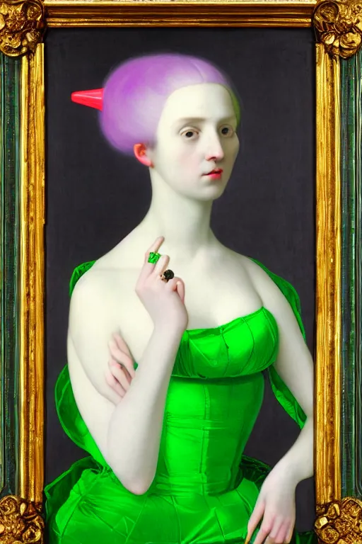 Prompt: portrait of a young pale woman with lilac hair, wearing a neon green dress by Vivienne Westwood, intricate details, cyberpunk, super-flat, in the style of James Jean, Jean Auguste Dominique Ingres, black background