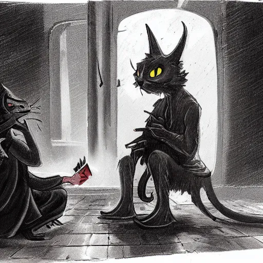 Prompt: concept art, devil offers money to a cat, high quality, detailed, eerie atmospher