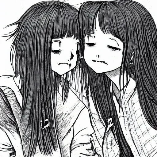 Image similar to portrait of two girls kissing, detailed manga art