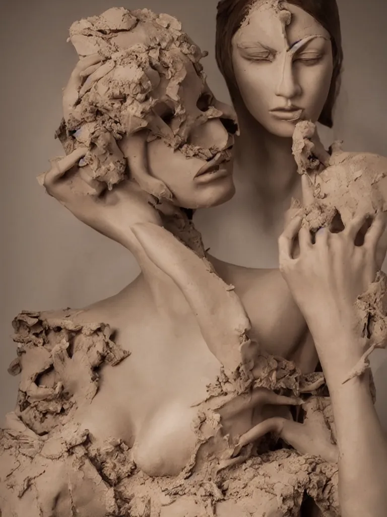 Prompt: beautiful photograph of a model made of clay as a high end fashion shoot