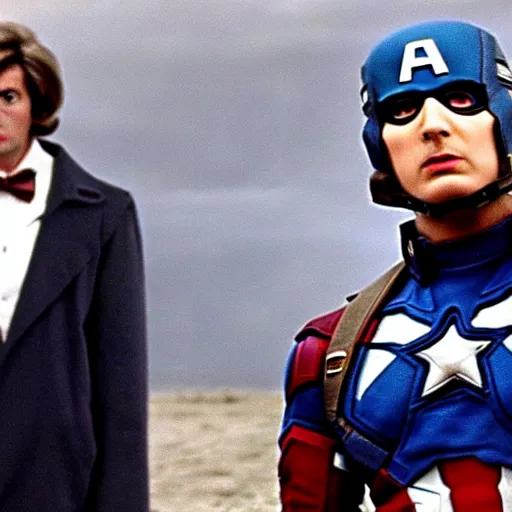 Prompt: film still of captain america in doctor who ( 1 9 7 5 )