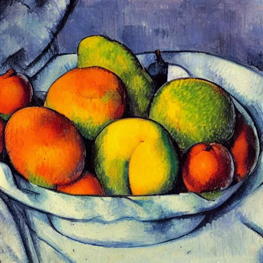 Prompt: a still - life image of a bunch of people who look like fruit in a bowl in the style of paul cezanne