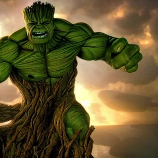 Image similar to imagine groot as hulk hd, fine, dynamic lighting,