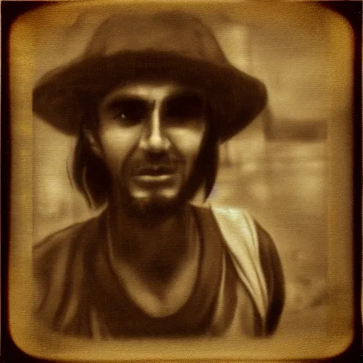 Prompt: polaroid picture, sepia, homeless manu chao in the streets of bogota, ethereal, trending on artstation