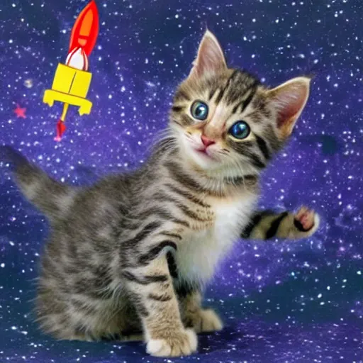 Image similar to a cute kitten riding on a rocket in space