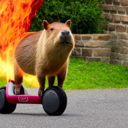 Prompt: photo of a capybara riding a segway, with flames coming out of the back