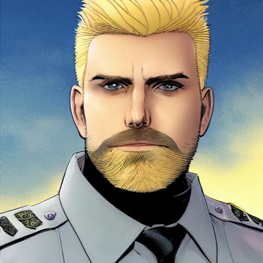 Image similar to portrait of a blonde pale police officer with short hair and a patchy beard, close up, grimy streets backdrop, detailed, art by russell dauterman and ryan ottley and patrick gleason and stefano caselli and marco checchetto esad ribic