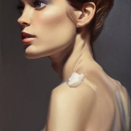 Image similar to a vogue model, oil painting, pale colors, high detail, 8 k, wide angle, trending on artstation,