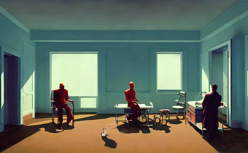 Prompt: Inside an operational room with crazy doctors operating, very coherent, painted by Edward Hopper, Wayne Barlowe, painted by James Gilleard, airbrush, art by JamesJean