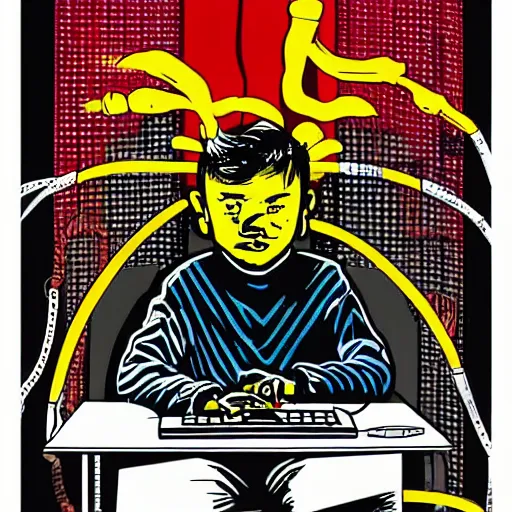 Image similar to illustration of a boy connected to his laptop with wires, highly detailed, by butcher billy