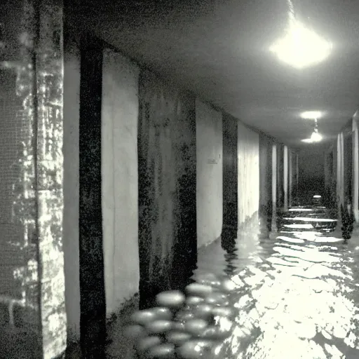 Prompt: a flooded creepy empty basement hallway with a creature standing in the dark, shaky, film grain, craigslist photo