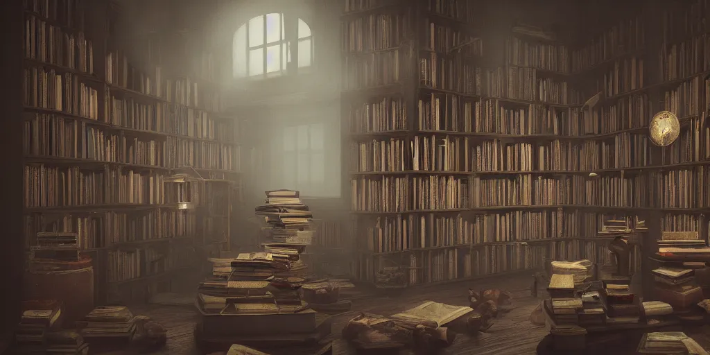 Prompt: A hauntingly beautiful library in a haunted mansion with stacked books all around, smokey and gloomy atmosphere, fantasy digital art, octane render, beautiful composition, trending on artstation, award-winning photograph, masterpiece