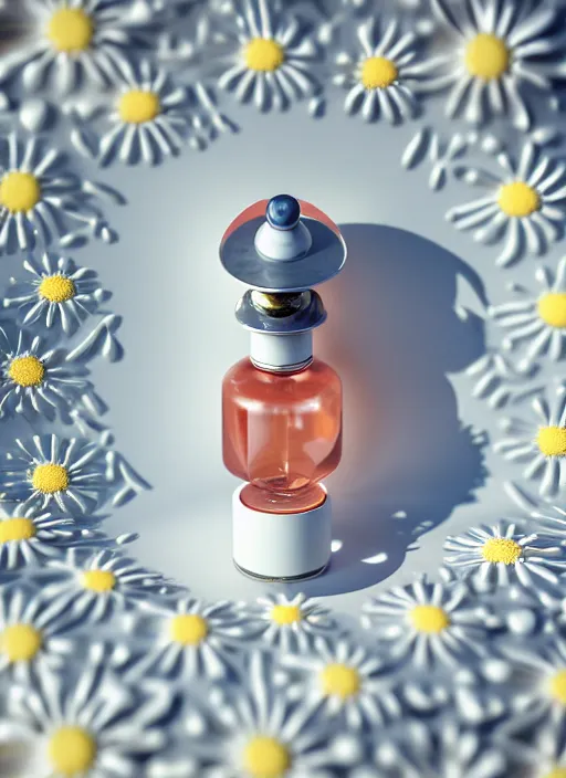 Image similar to perfume bottle standing in the center of a biomechanical white enchanted coral circular portal made of daisies with smooth fair walls, up close shot, sharp focus, global illumination, radiant light, alexandre ferra white mecha, irakli nadar, octane highly render, 4 k, ultra hd,