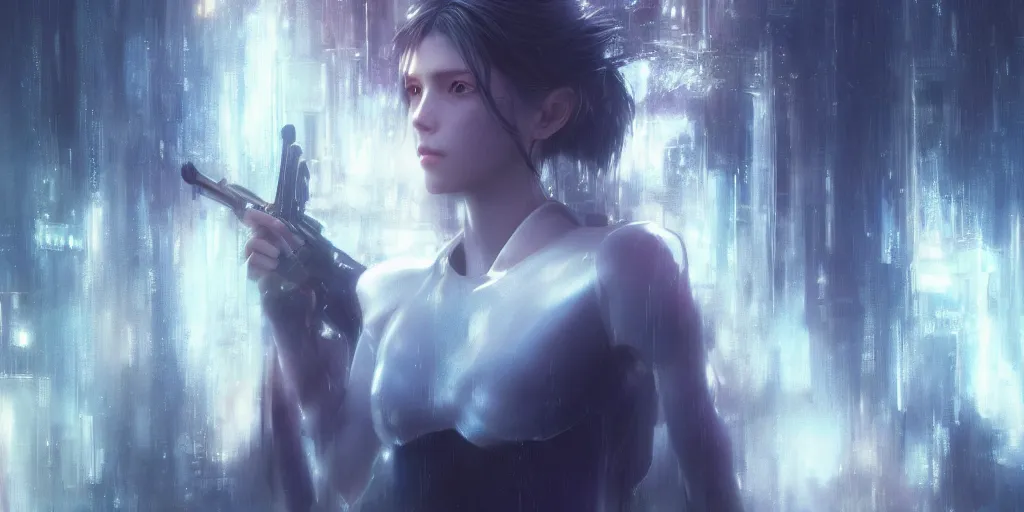 Image similar to a girl from final fantasy live action, movie still from ghost in the shell evocative, mystical night, very very very very detailed, award winning, masterpiece digital painting by greg rutkowski, alex grey, artstation, 4 k wallpaper