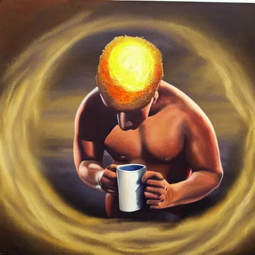 Image similar to ultra realist soft painting of a nuclear bomb explosion, daily clothed man drinking his coffee, partial symmetry accurate features, very intricate details, focus, curvy, award winning