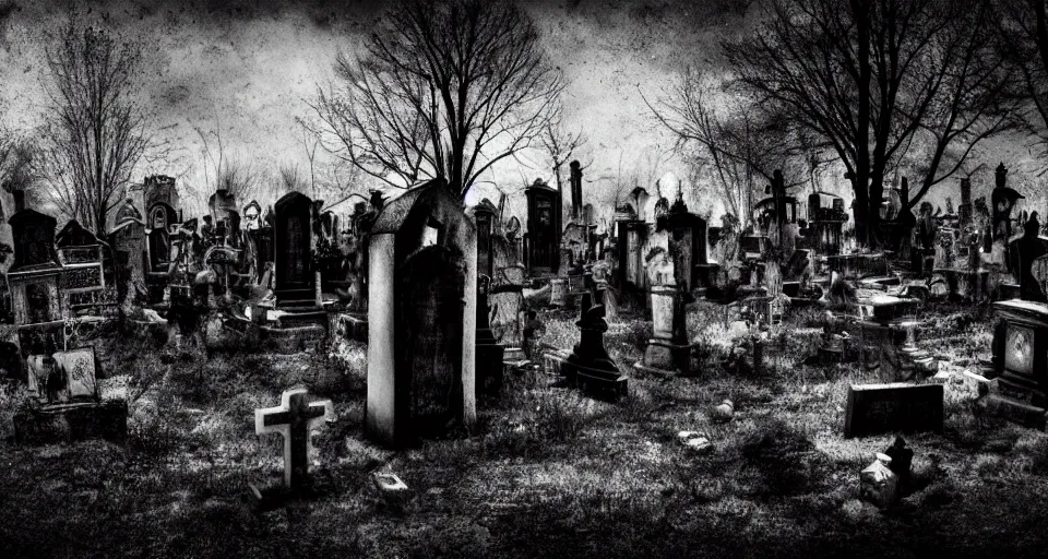 Prompt: dark found footage of horror cemetery, polar, dark, black and white, very high resolution, by oleg vdovenko, processing, extremely hyperdetailed