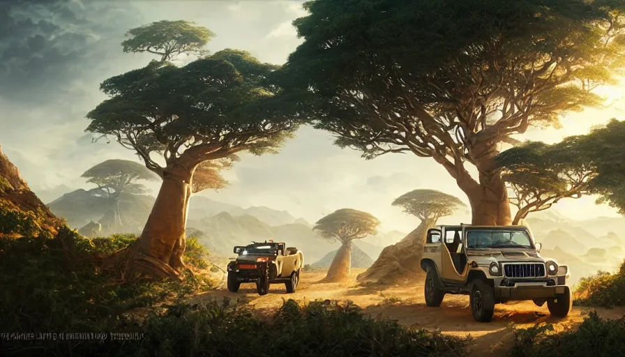 Prompt: mahindra thar driving through madagascar with baobabs trees, artgerm and greg rutkowski and alphonse mucha, an epic fantasy, volumetric light, detailed, establishing shot, an epic fantasy, trending on art station, octane render, midsommar