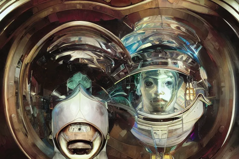 Image similar to portrait of a biomechanical head inside a futuristic space helmet, vintage transistors, white metal, iridescent visor, art by Ruan Jia and Alphonse Mucha,