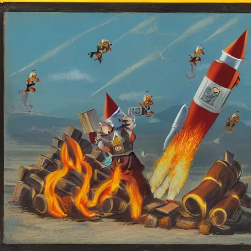 Image similar to [two anthropomorphic monkeys throwing books in a bonfire, behind them rockets are taking off. Matte painting, intricate, art by Gennady Mikhailovich Zykov]