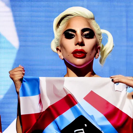 Image similar to Lady Gaga as president, Argentina presidential rally, Argentine flags behind, bokeh, giving a speech, detailed face, Argentina