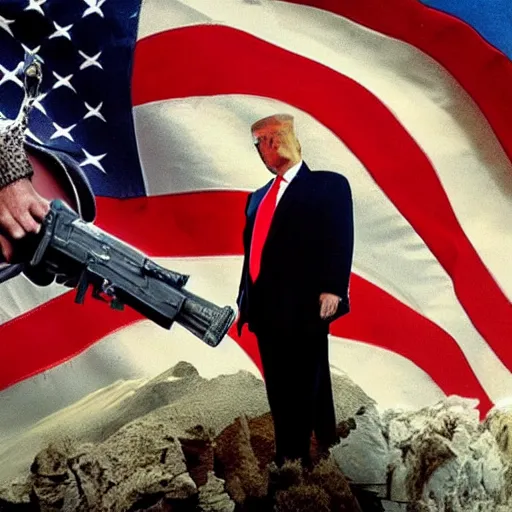 Image similar to Donald Trump as Rambo, holding the head of Biden in left hand and the American flag in right hand, post apocalyptic, wartorn, matte painting, masterpiece